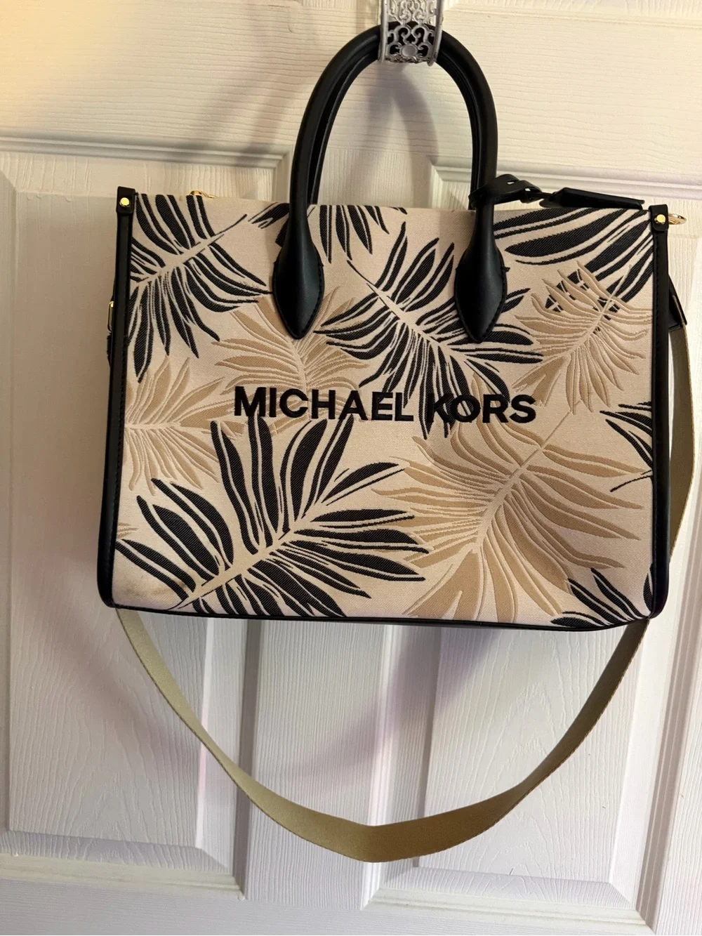 Michael Kors Beige, Black and Tan Leaf-Print Tote